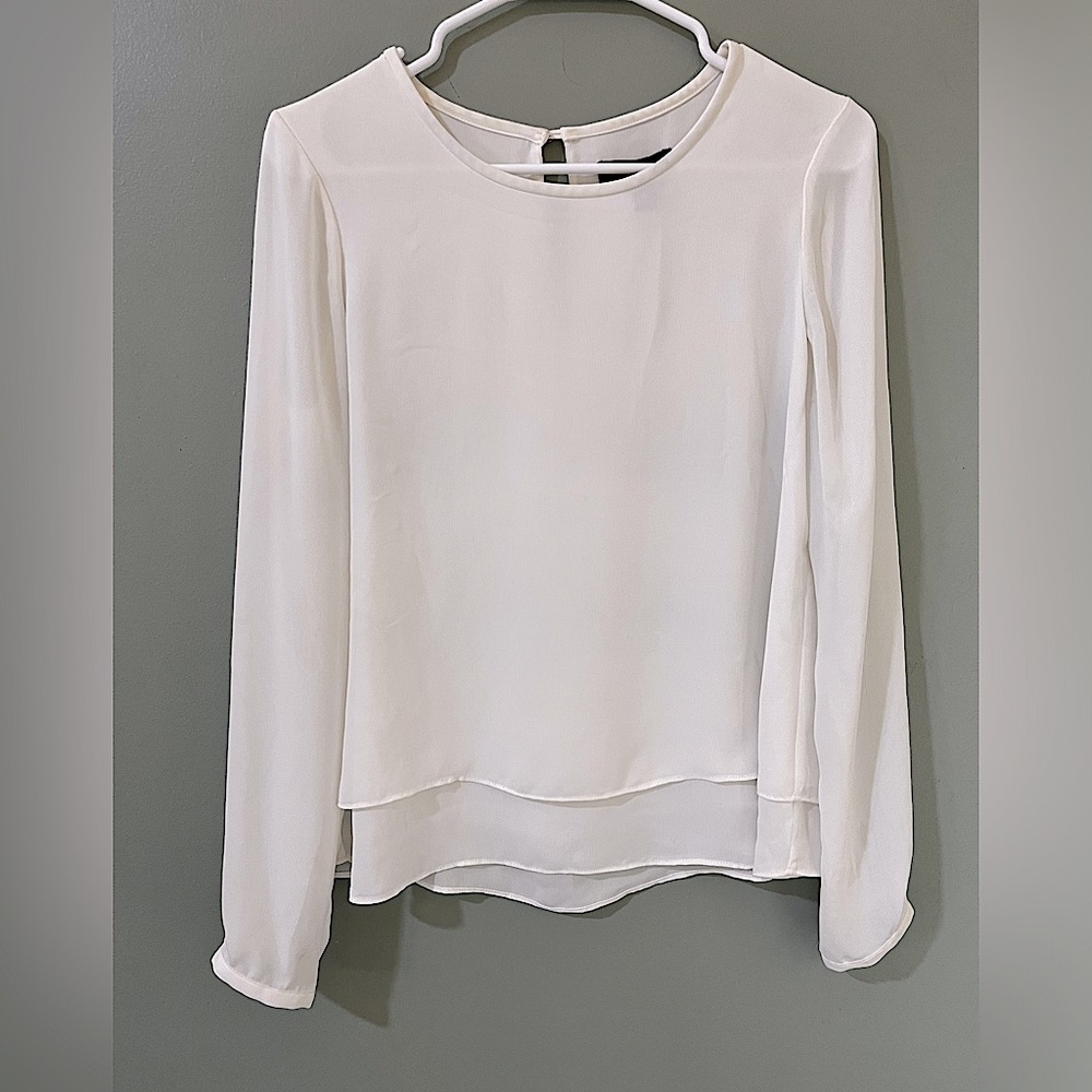 White House Black Market Blouse 0 Ivory Draped Chiffon Long Sleeve Layered Top